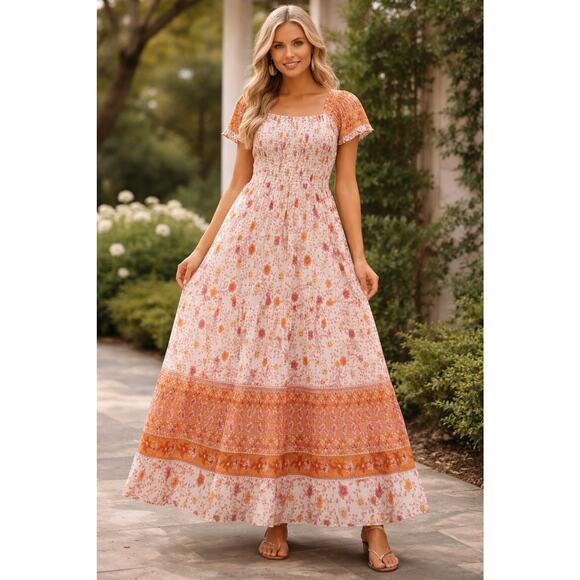 JODIFL Dresses & Skirts - Jodifl Dress Large Maxi Pink Floral Babydoll Top Flowy Lined Skirt Beach ...